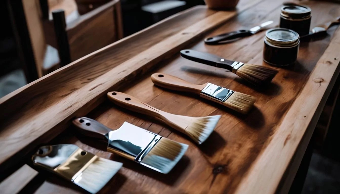 Best paint for furniture, image showing paint brushes on wooden top